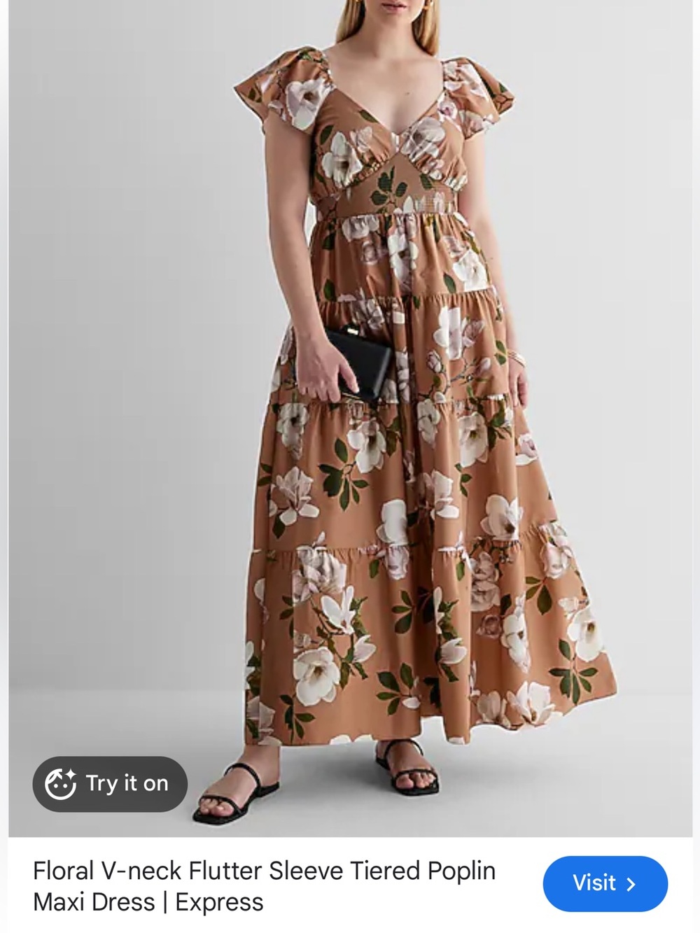 Express Floral Brown V‑Neck Tiered Maxi Dress